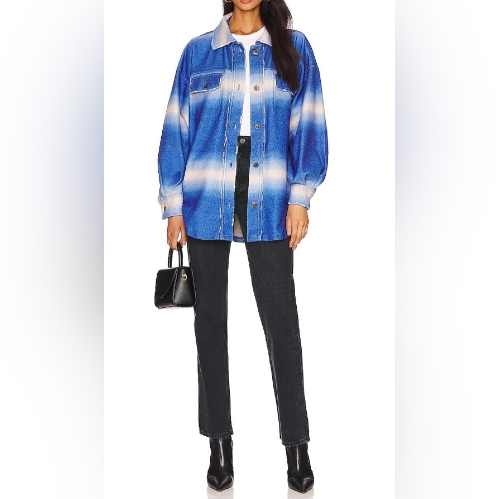 NWT Free People XS We the Free Ruby Printed Shacket in Deep Sea Combo Blue Plaid - Picture 4 of 7
